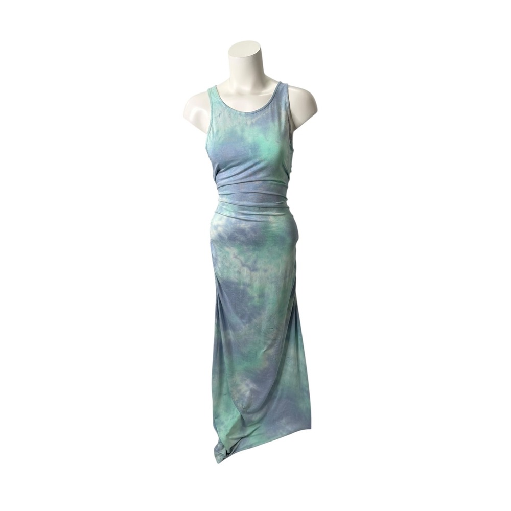 Venus Womens Tie Dye Maxi Dress Teal Blue Ruched Strappy Open Back Size L